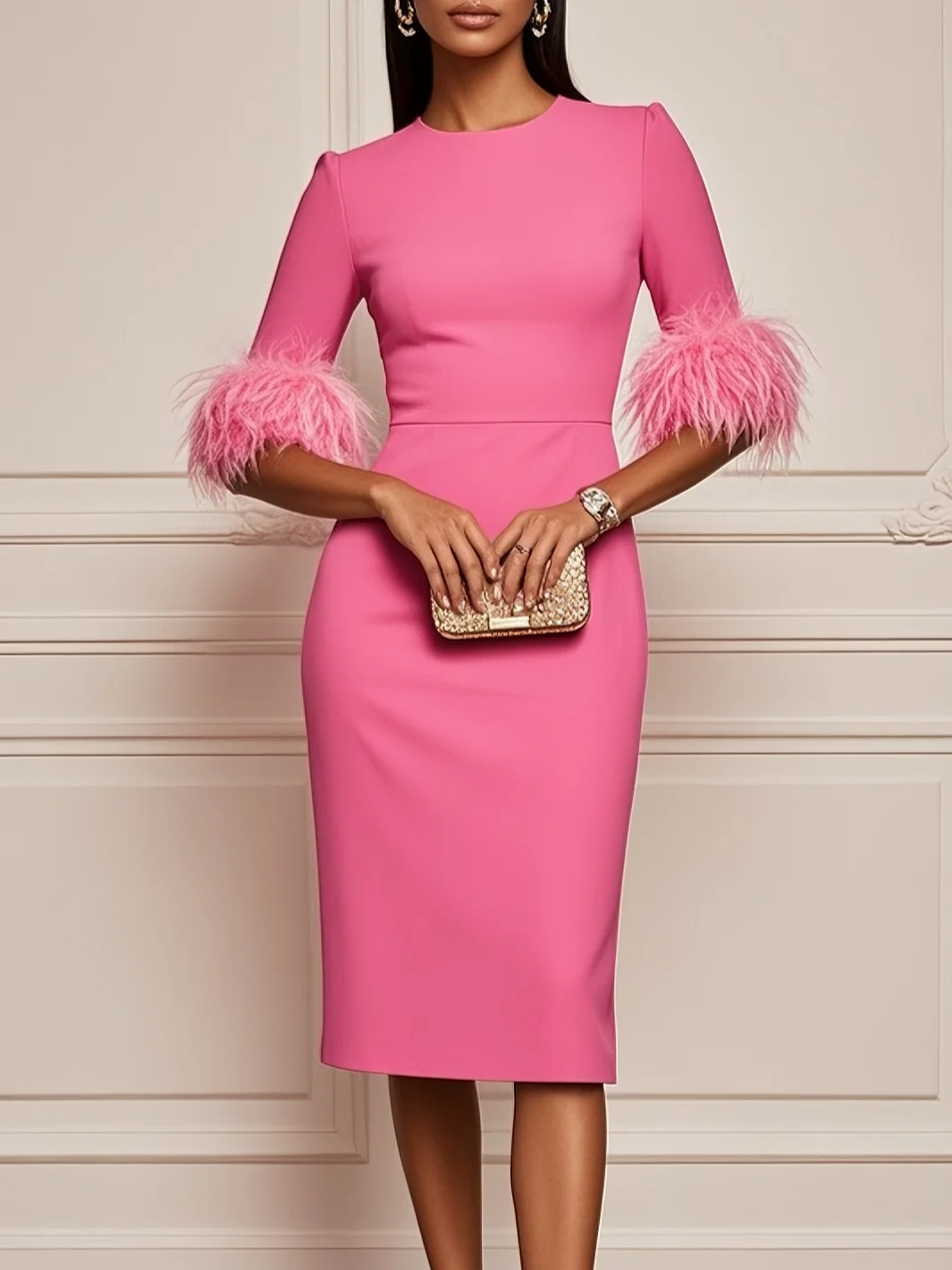 Rose Red Feather Classic Crew Neck Half Sleeve Sheath Midi Dress