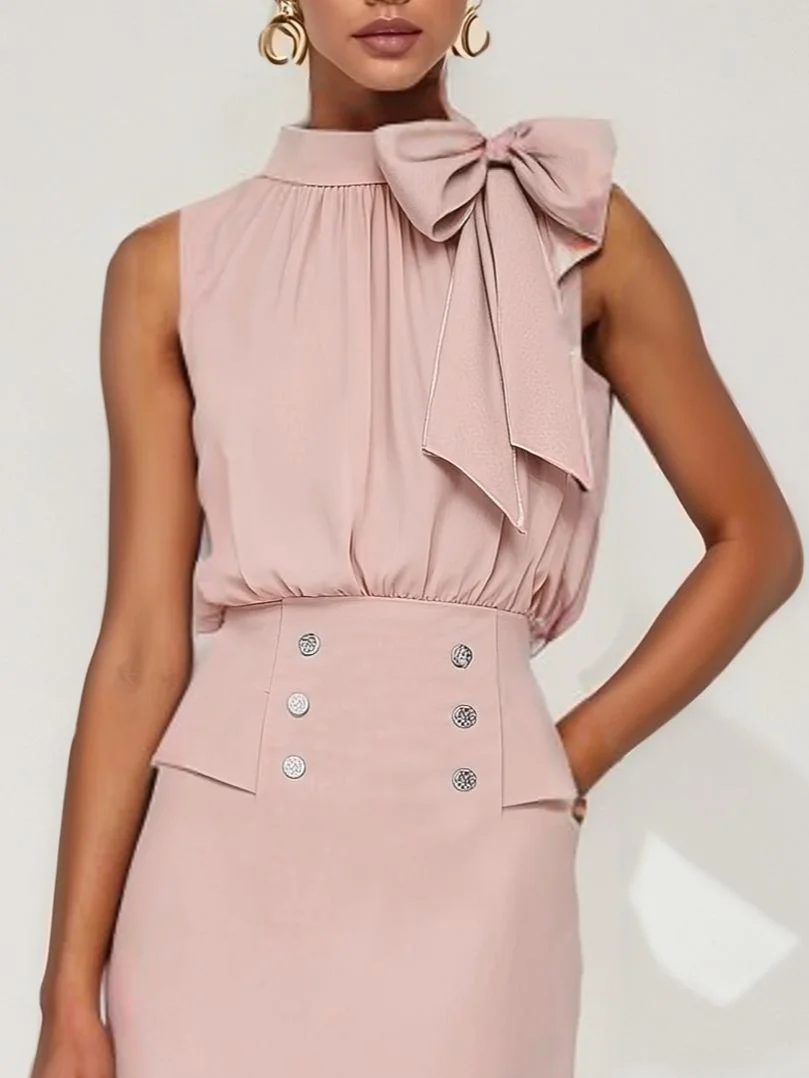 Pink Bow Ruched Classic Crew Neck Sleeveless Sheath Midi Dress