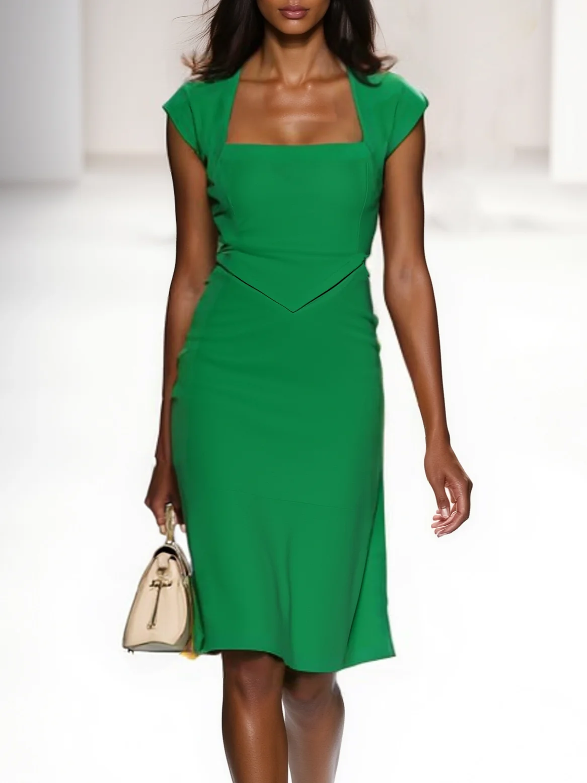 Green Classic Square Neck Cap Sleeve Sheath Midi Dress