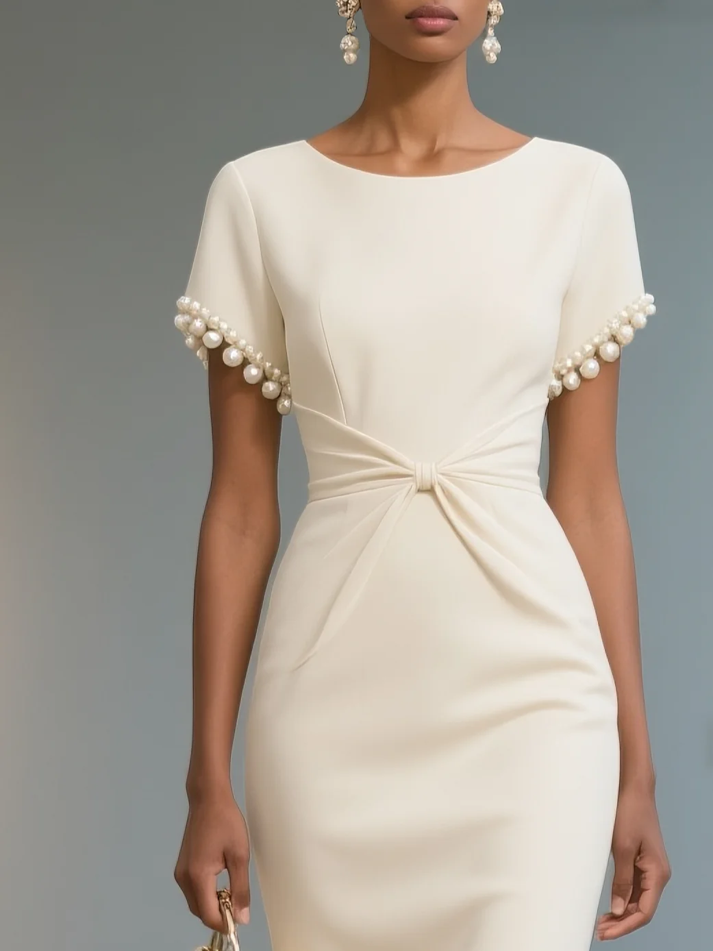White Imitation Pearls Knot Front Classic Lapel Collar Short Sleeve Sheath Midi Dress