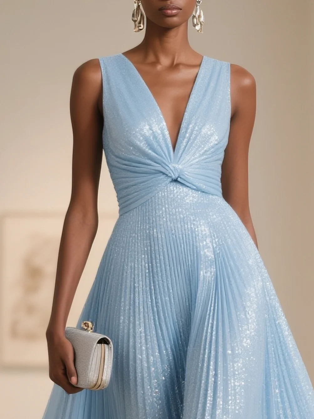 Light Blue Pleated Knot Front Classic V Neck Sleeveless A-Line Midi Dress