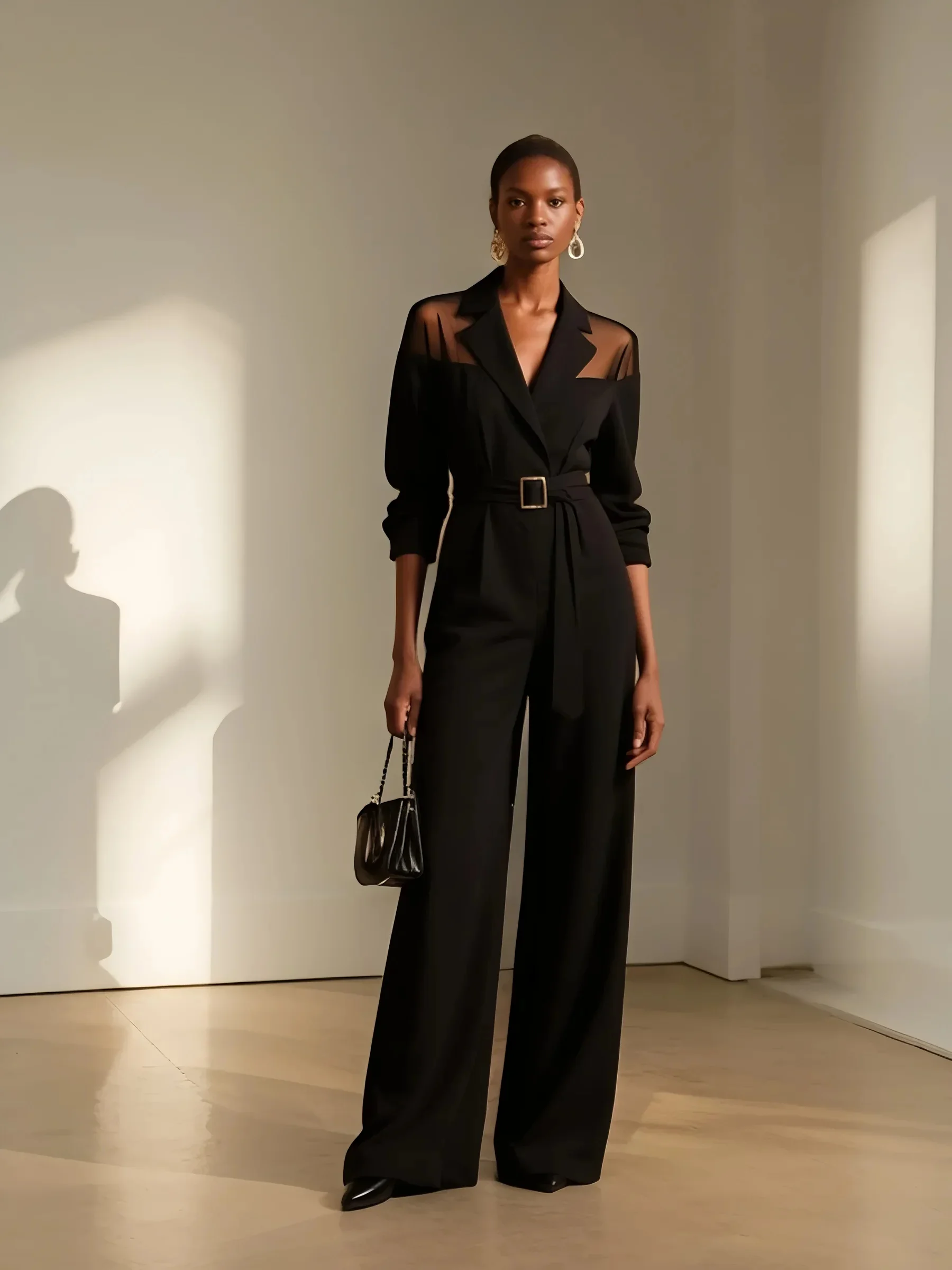 Women Black Mesh Shawl Collar Long Sleeve Dressy Jumpsuit