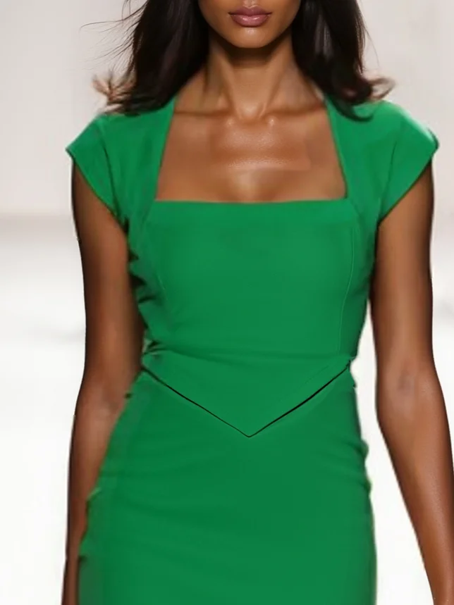 Green Classic Square Neck Cap Sleeve Sheath Midi Dress