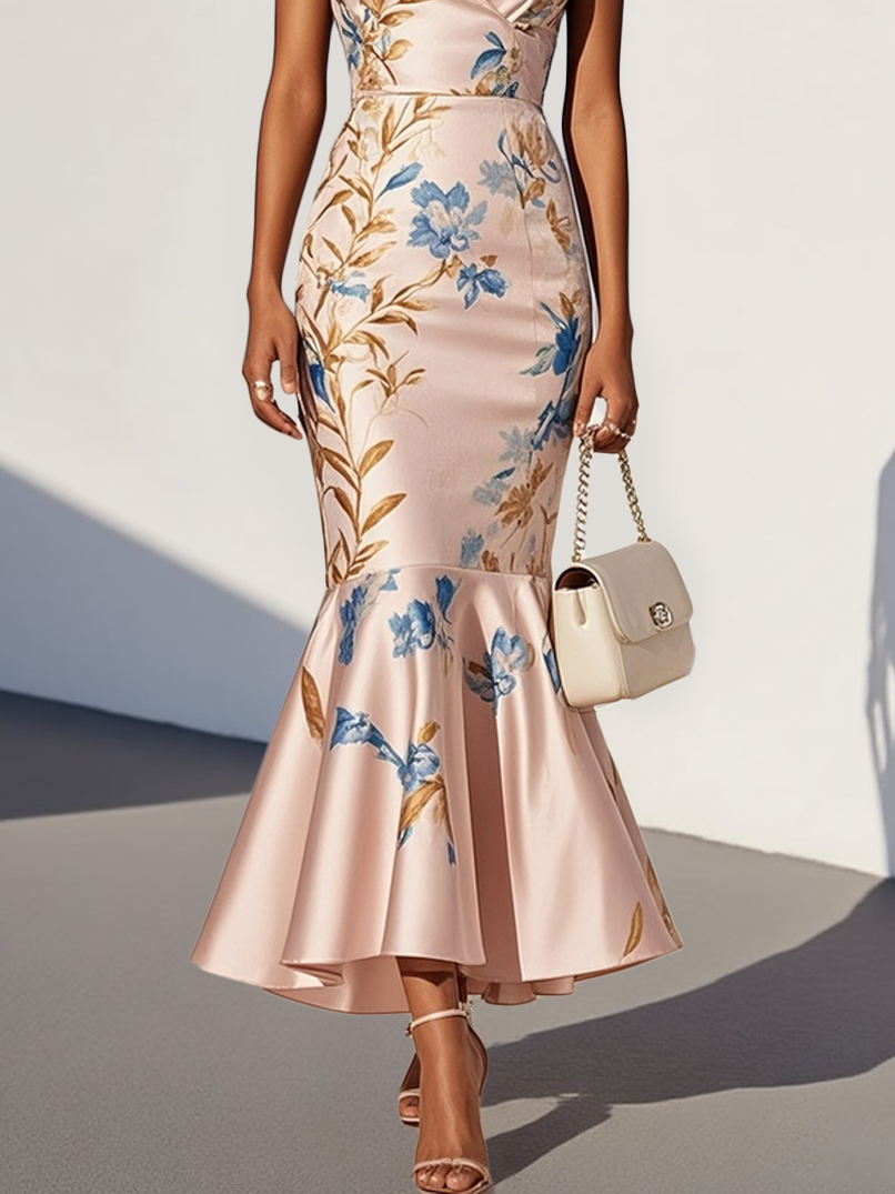 Pink Floral Satin Spaghetti Gallus Mermaid Midi Dress