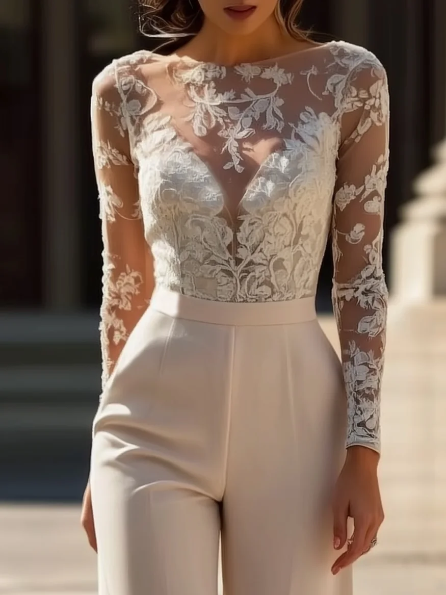 Women Apricot Lace Boat Neck Long Sleeve Regular Sleeve Dressy Jumpsuit