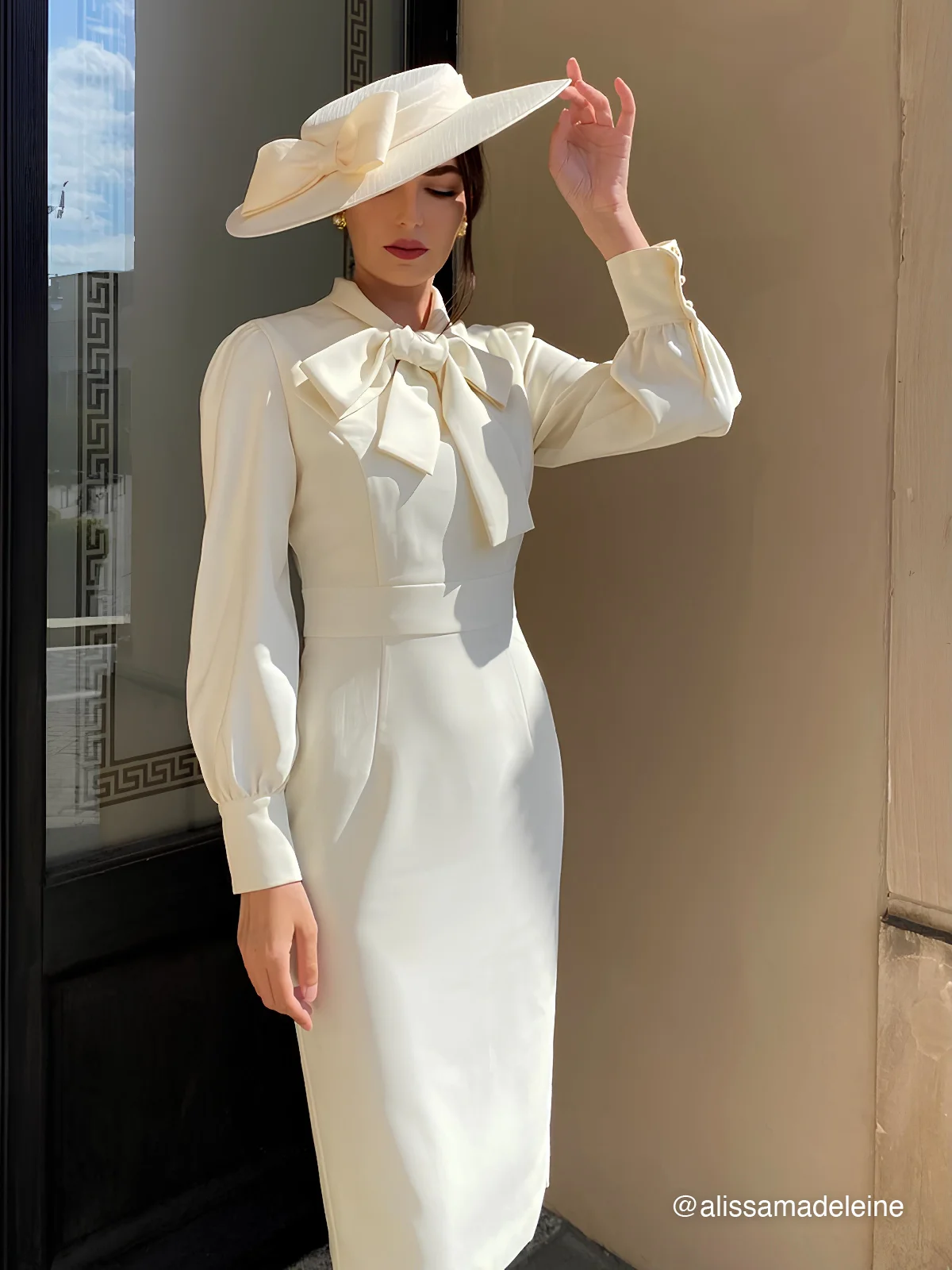 Off White Bow Neck Long Sleeve Sheath Midi Blazer Dress