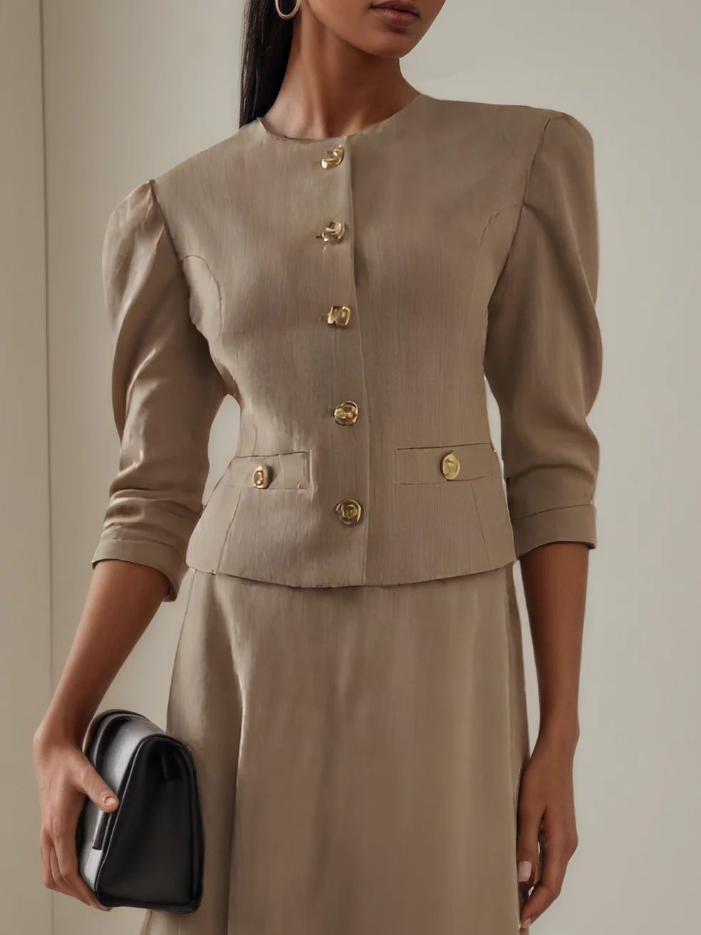 Women Light Khaki Buckle Crew Neck Half Sleeve Dressy Coat With Skirt Two-Piece Set