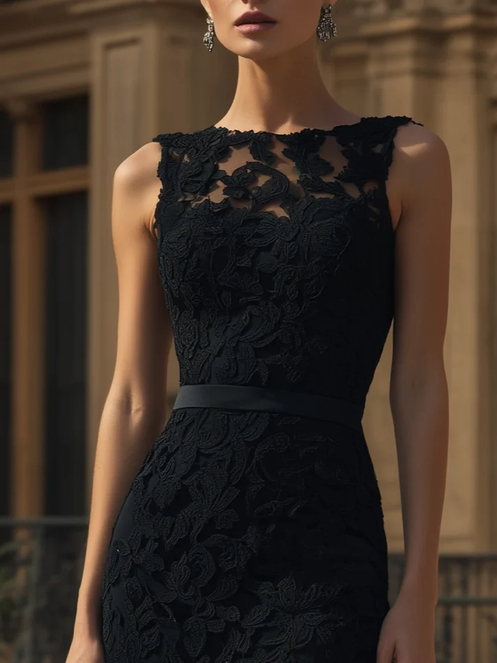 Black Lace Split Joint Classic Boat Neck Sleeveless Mermaid Gown Dress