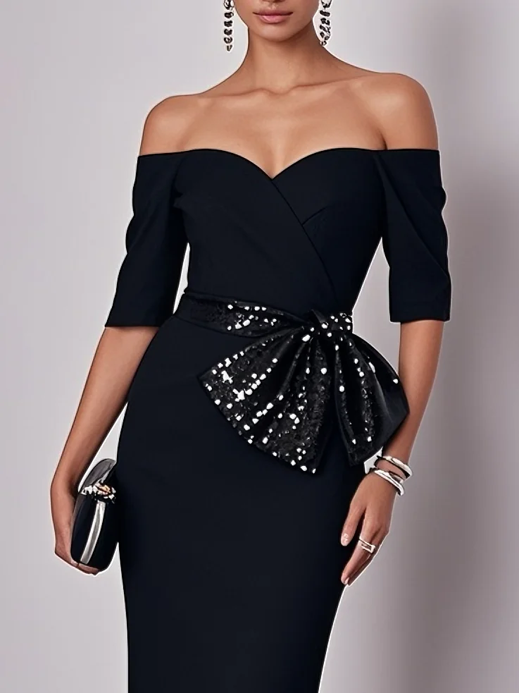 Black Glitter Bow Classic Off The Shoulder Half Sleeve Sheath Midi Dress