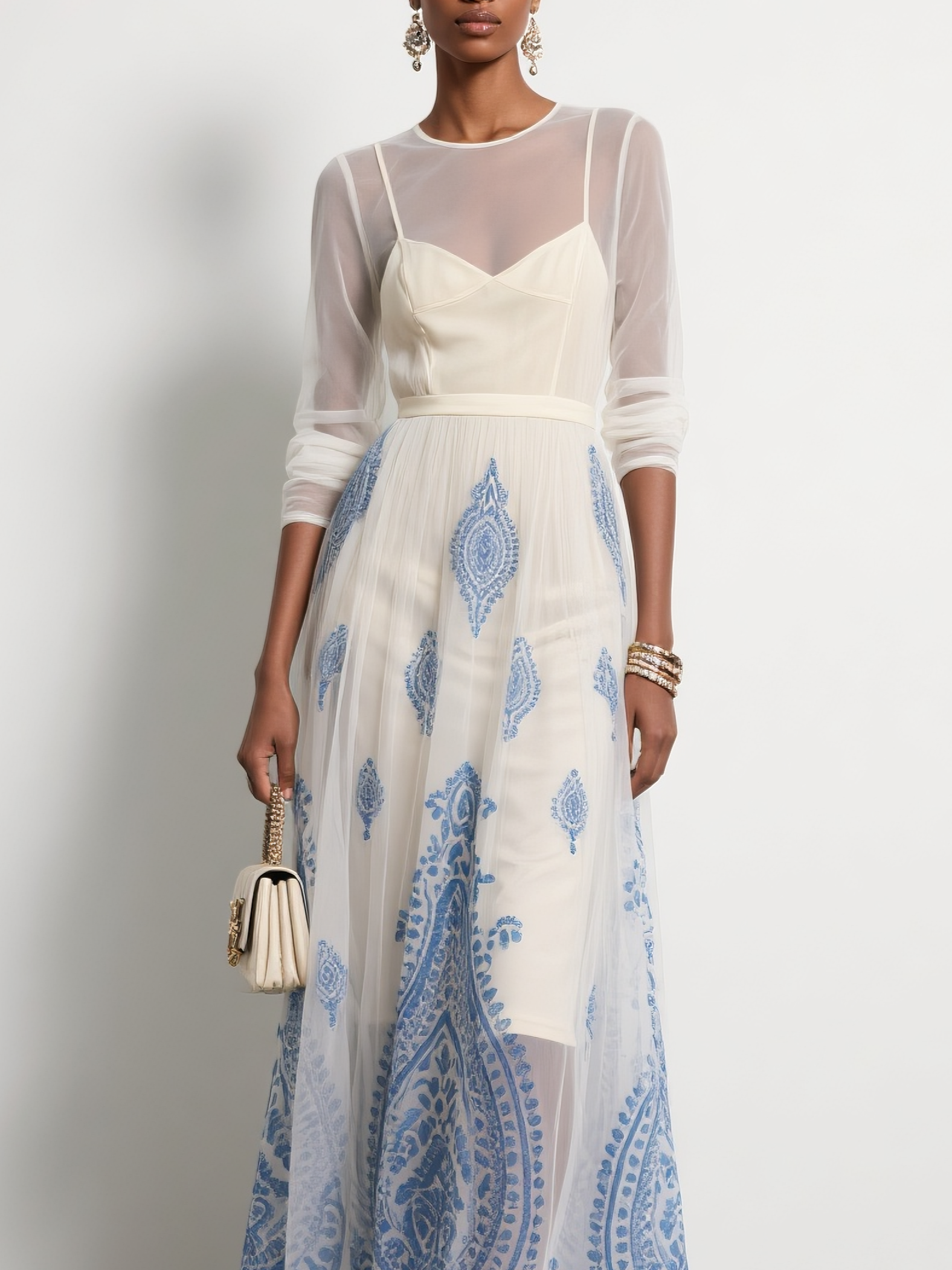 White Gathered Printing Chiffon Crew Neck Long Sleeve Sheath Maxi Dress