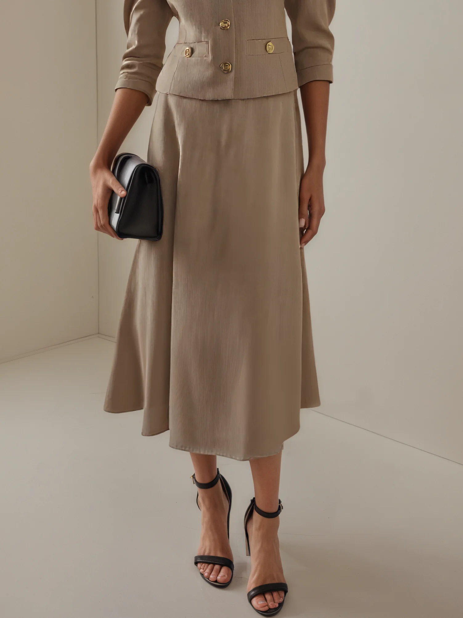 Women Light Khaki Buckle Crew Neck Half Sleeve Dressy Coat With Skirt Two-Piece Set