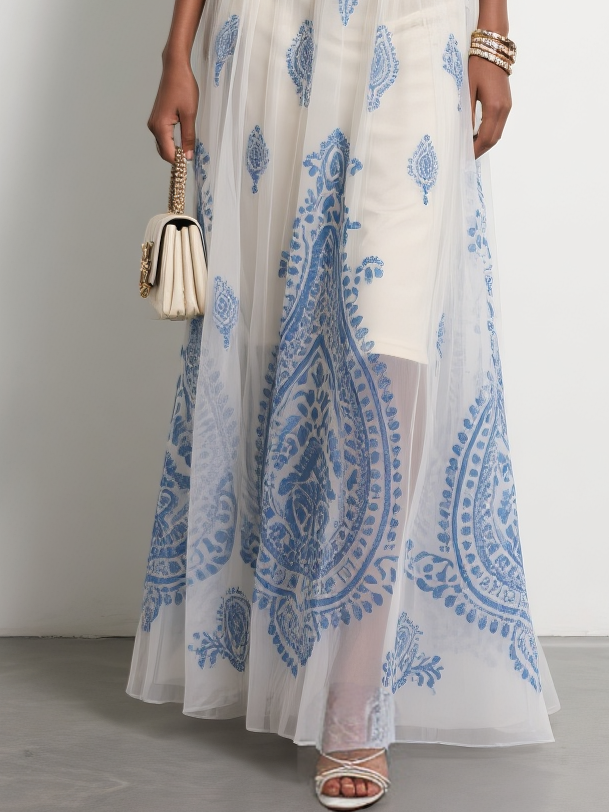 White Gathered Printing Chiffon Crew Neck Long Sleeve Sheath Maxi Dress