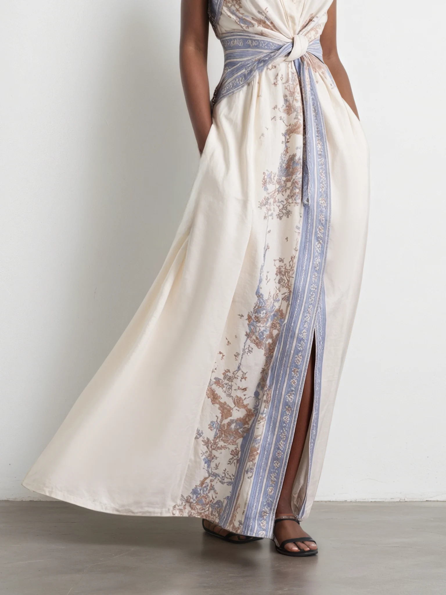 Blue Buckle Knot Front Shirt Dress Shirt Collar Sleeveless A-Line Maxi Dress