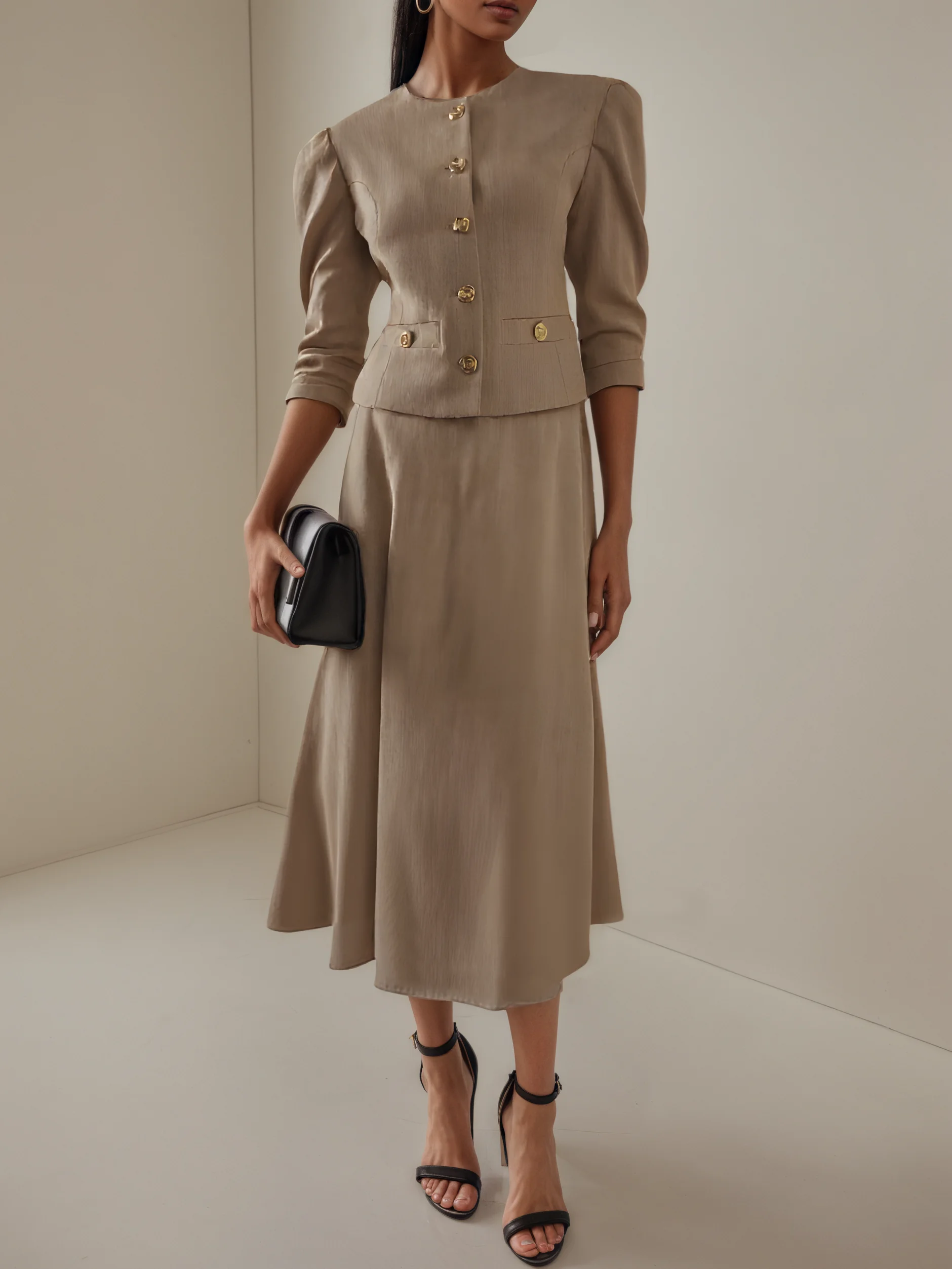 Women Light Khaki Buckle Crew Neck Half Sleeve Dressy Coat With Skirt Two-Piece Set