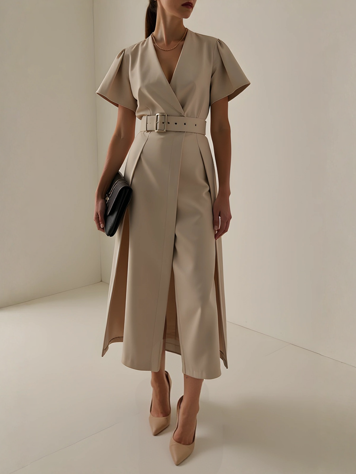 Khaki Slit Classic V Neck Short Sleeve A-Line Midi Dress