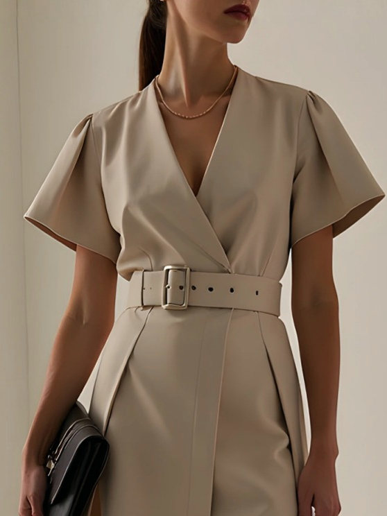 Khaki Slit Classic V Neck Short Sleeve A-Line Midi Dress