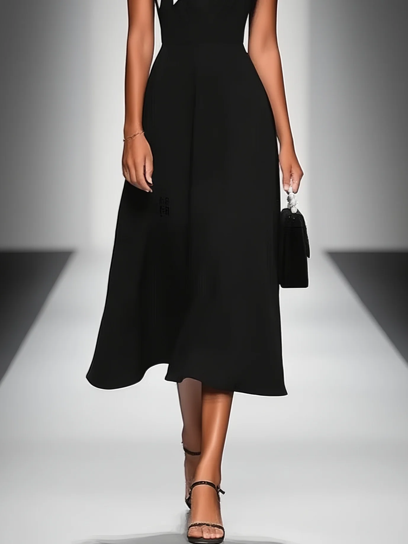 Black Bow Classic Square Neck Cap Sleeve A-Line Midi Dress