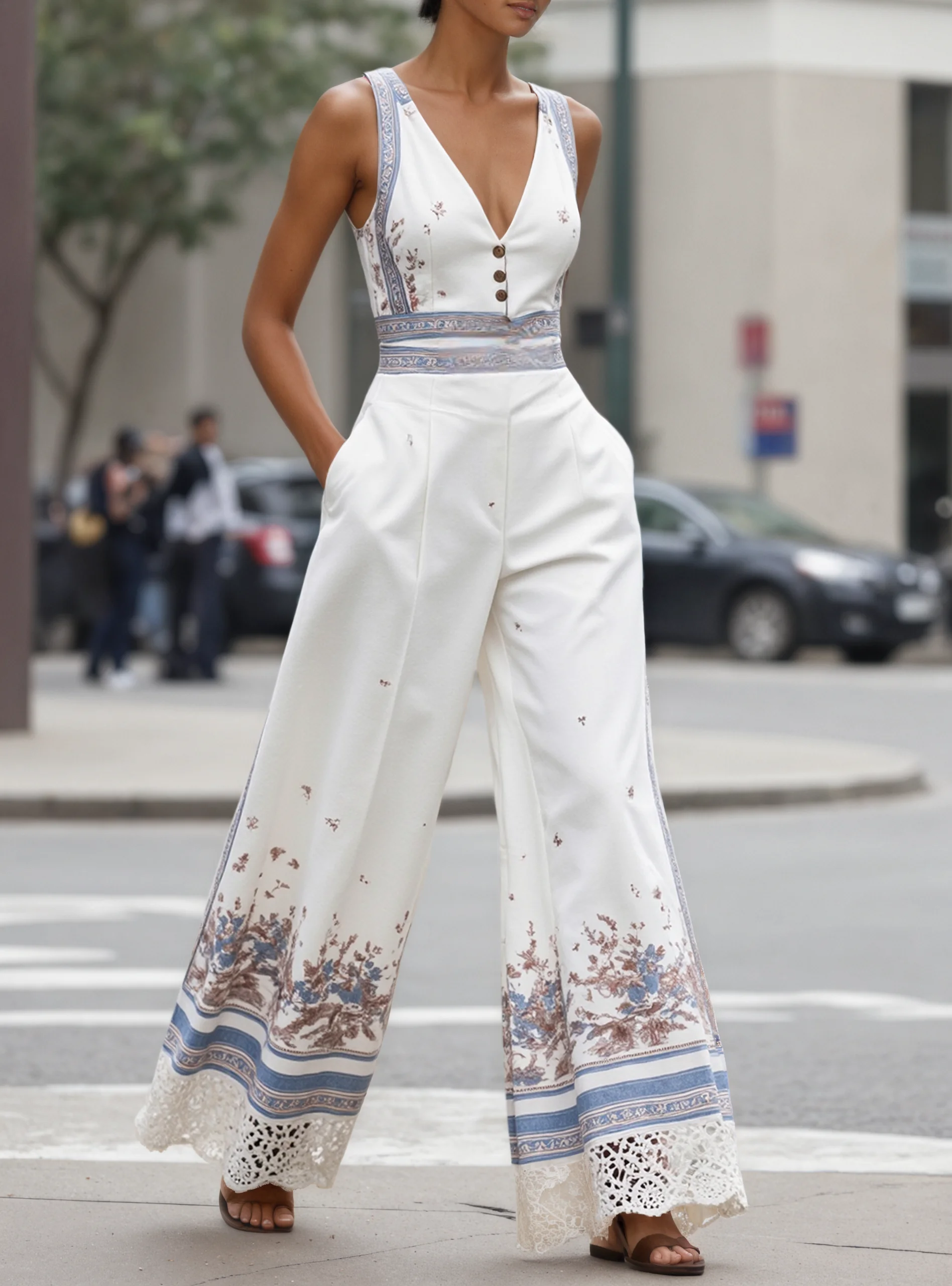 Women Blue Buckle Lace V Neck Sleeveless Dressy Jumpsuit