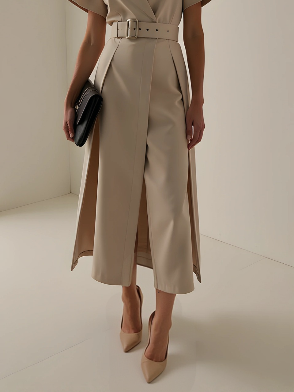Khaki Slit Classic V Neck Short Sleeve A-Line Midi Dress