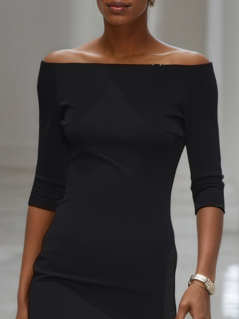 Black Flocked Classic Off The Shoulder Half Sleeve Off Shoulder Sleeve Mermaid Midi Dress