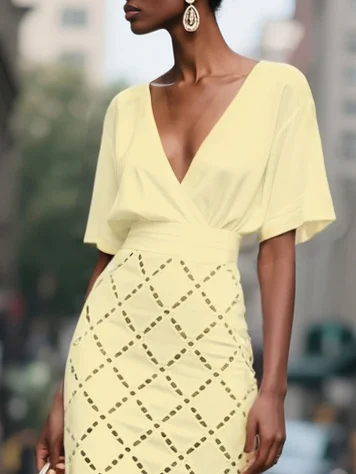 White Hollow Out Plaid Classic V Neck Short Sleeve Sheath Midi Dress
