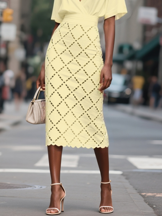 White Hollow Out Plaid Classic V Neck Short Sleeve Sheath Midi Dress