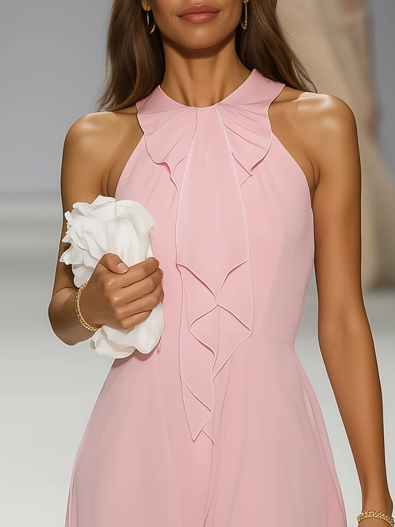 Pink Bow Peplum Chiffon Crew Neck Sleeveless A-Line Midi Dress