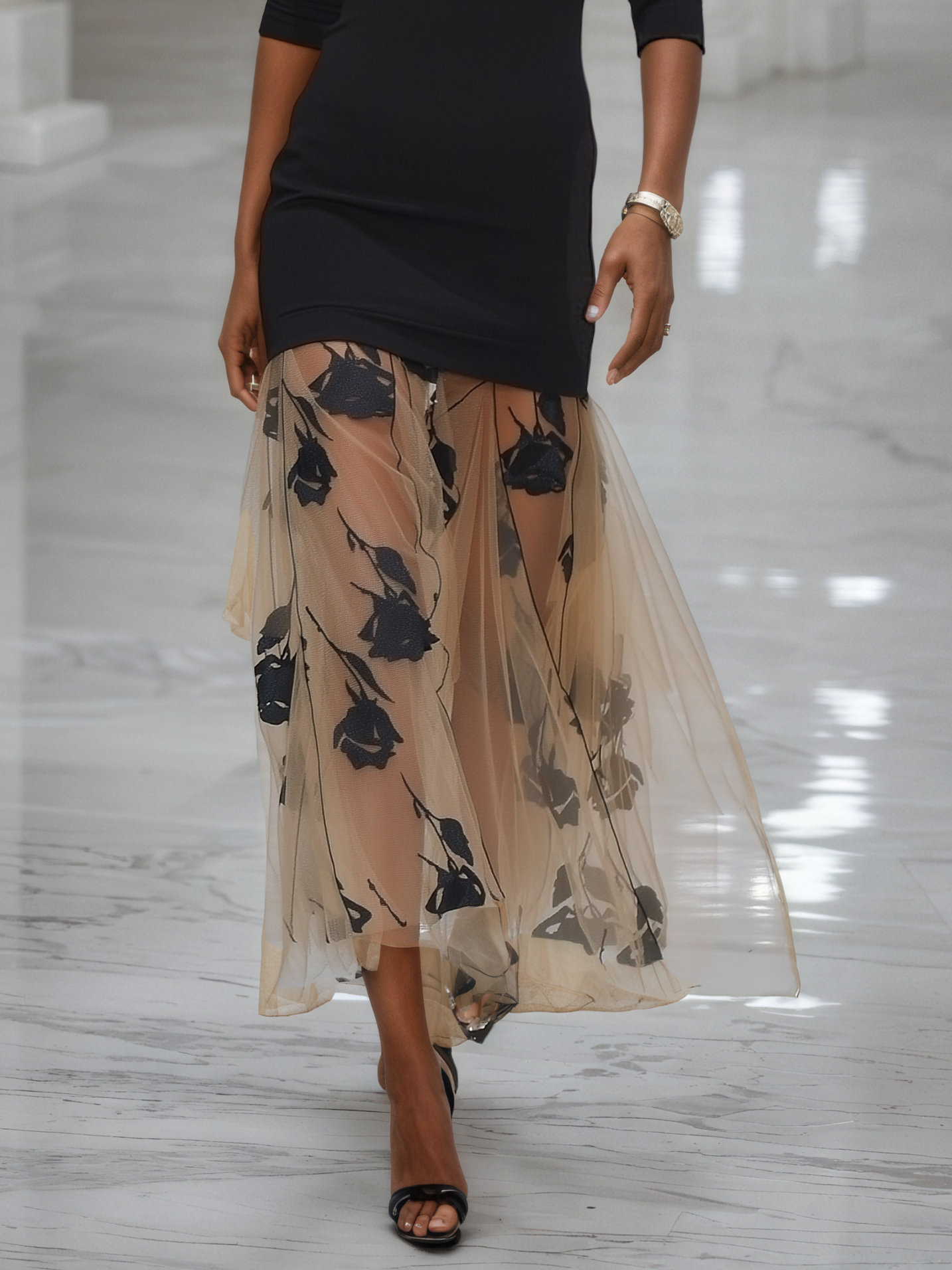 Black Flocked Classic Off The Shoulder Half Sleeve Off Shoulder Sleeve Mermaid Midi Dress