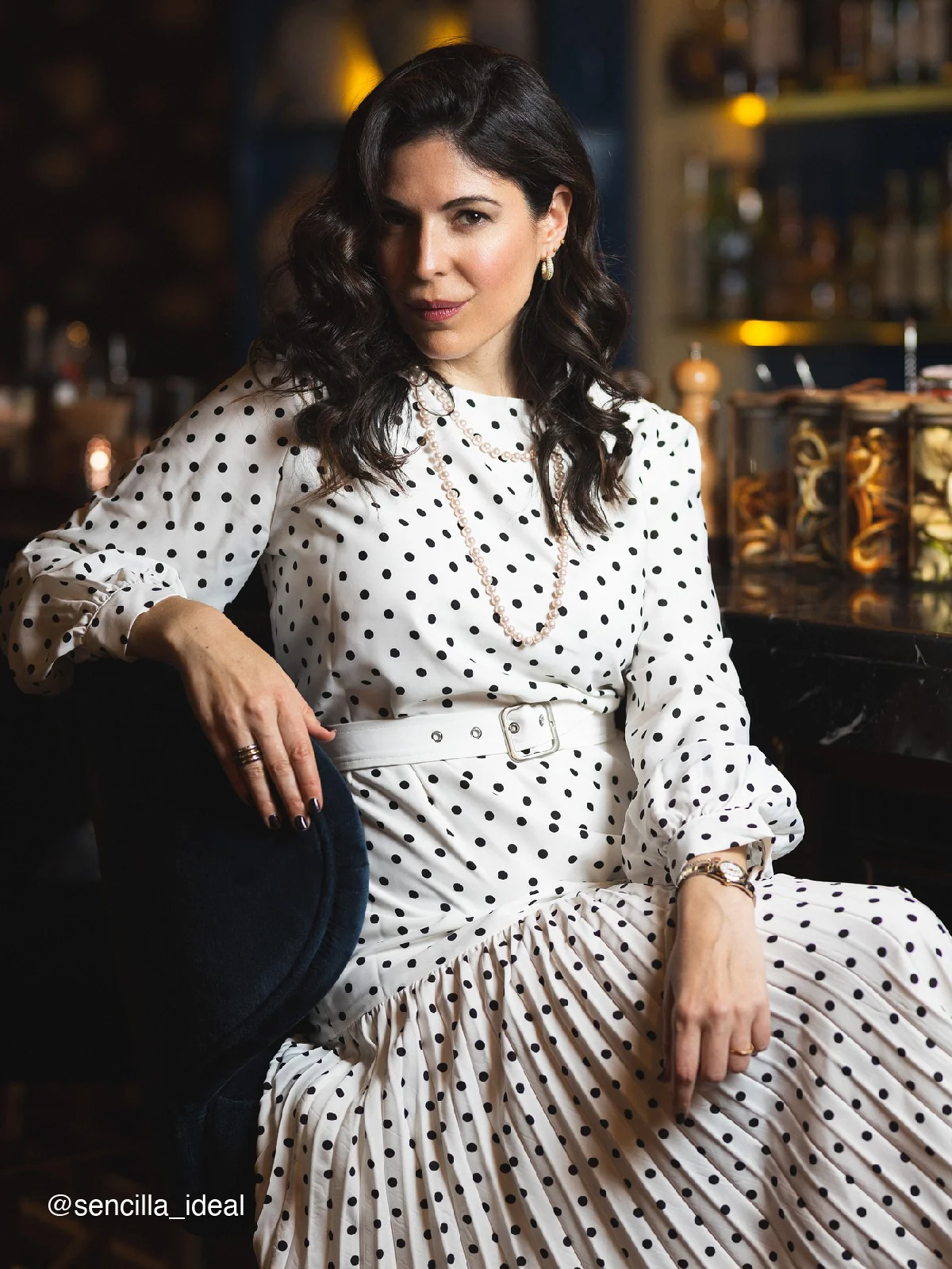 White Pleated Polka Dots Classic Crew Neck Long Balloon Sleeve A-Line Midi Dress