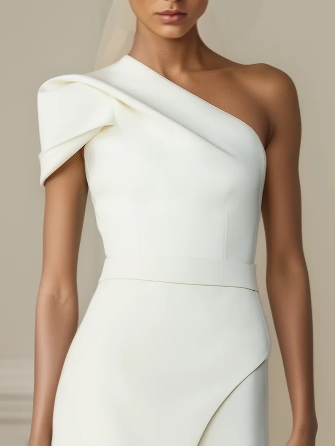 Women White Ruched One Shoulder Short Sleeve Regular Sleeve Dressy Jumpsuit
