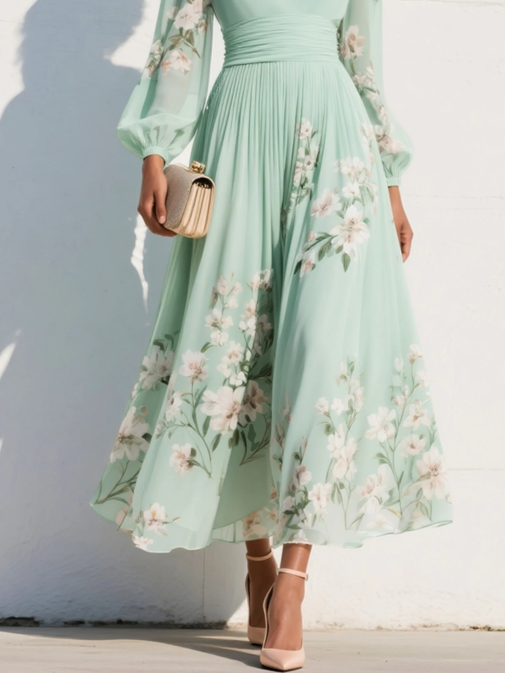Lightgreen Ruched Floral Chiffon V Neck Long Sleeve Balloon Sleeve A-Line Maxi Dress