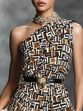 Brown Slit Chiffon One Shoulder Sleeveless A-Line Maxi Dress