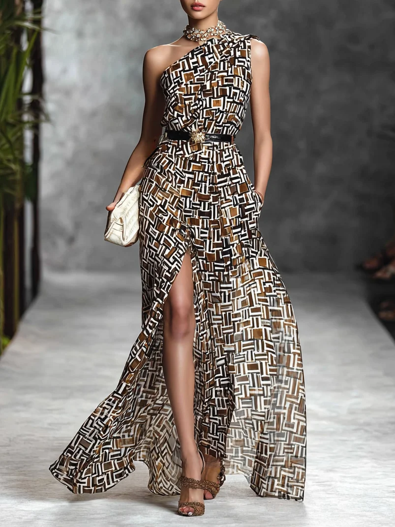 Brown Slit Chiffon One Shoulder Sleeveless A-Line Maxi Dress
