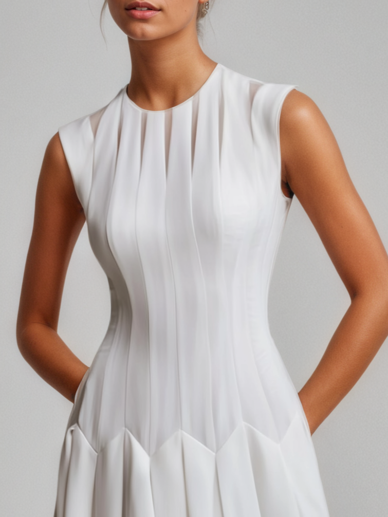 White Split Joint Mesh Classic Crew Neck Sleeveless A-Line Maxi Dress