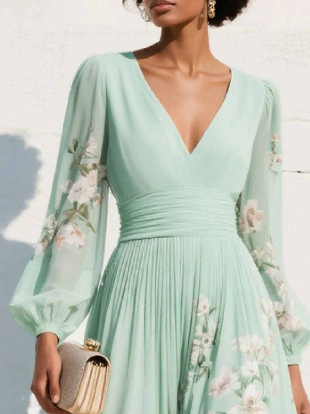 Lightgreen Ruched Floral Chiffon V Neck Long Sleeve Balloon Sleeve A-Line Maxi Dress