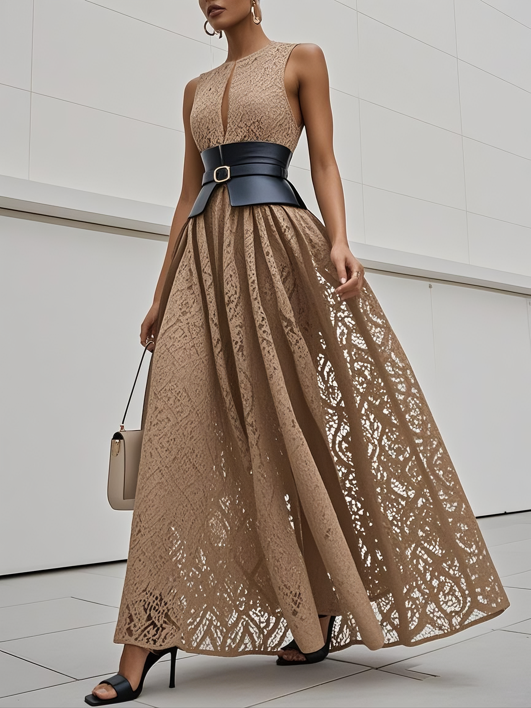 Black Lace Hollow Out Crew Neck Sleeveless A-Line Maxi Dress