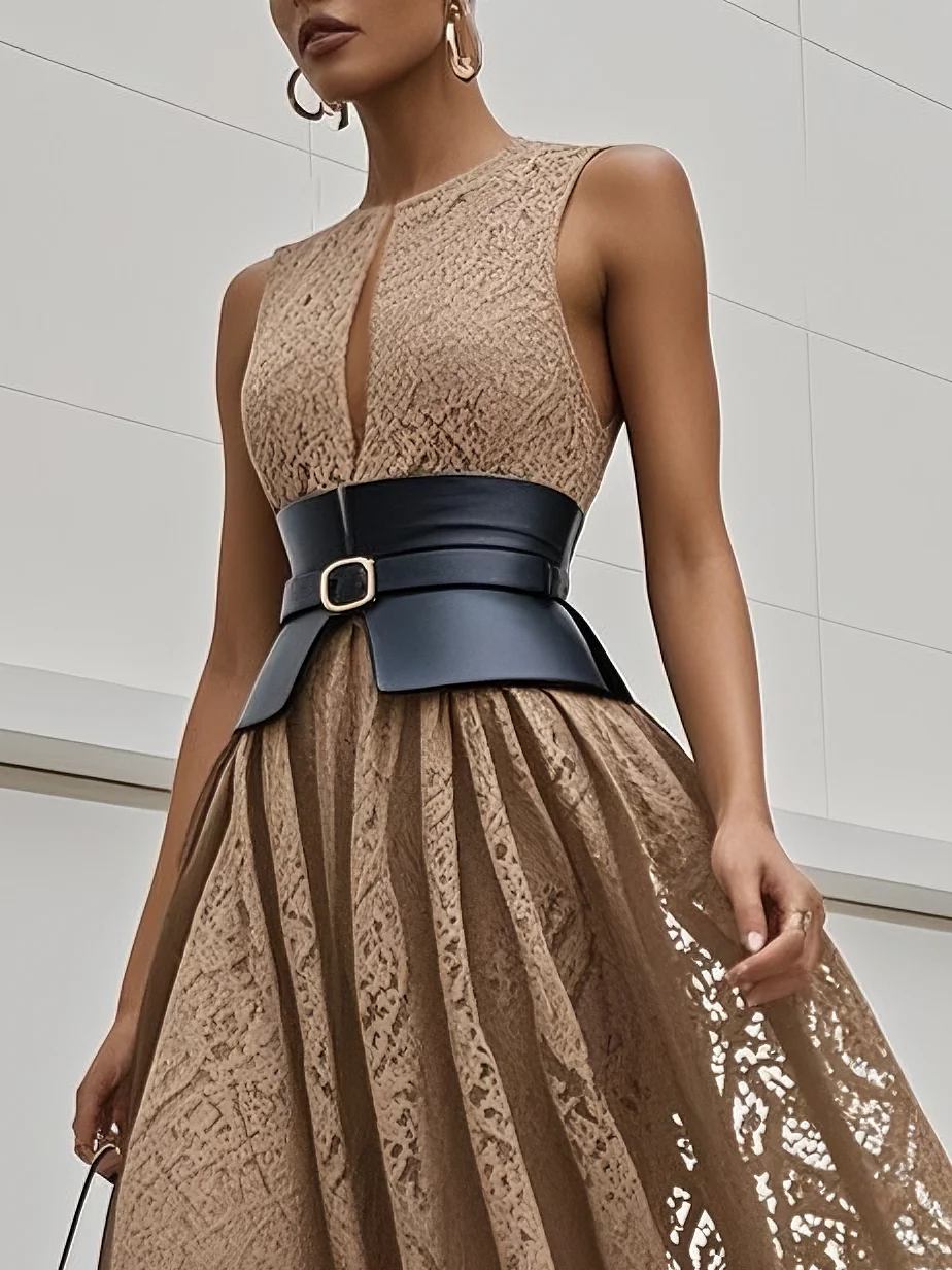 Black Lace Hollow Out Crew Neck Sleeveless A-Line Maxi Dress