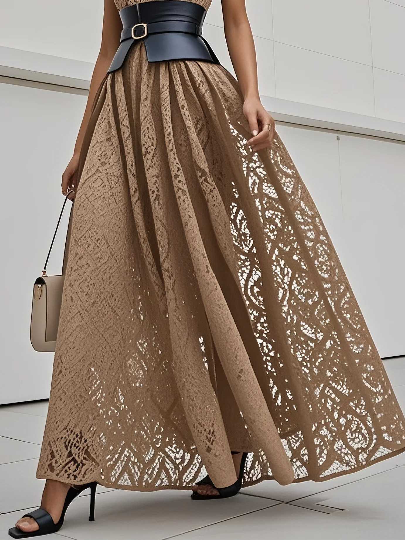 Black Lace Hollow Out Crew Neck Sleeveless A-Line Maxi Dress