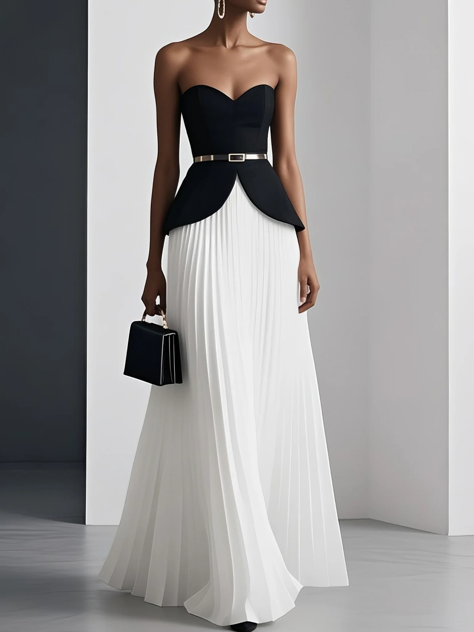 Women Pink Pleated Strapless Sleeveless Dressy Top With Skirt Two-Piece Set