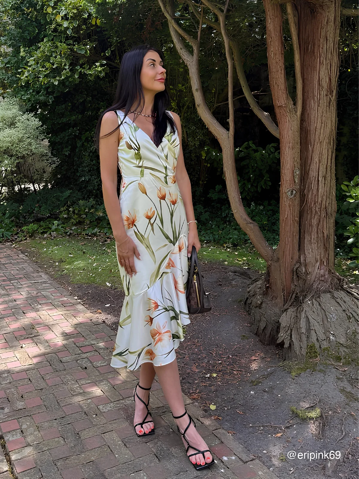 Off White V Neck Floral Mermaid Midi Satin Dress