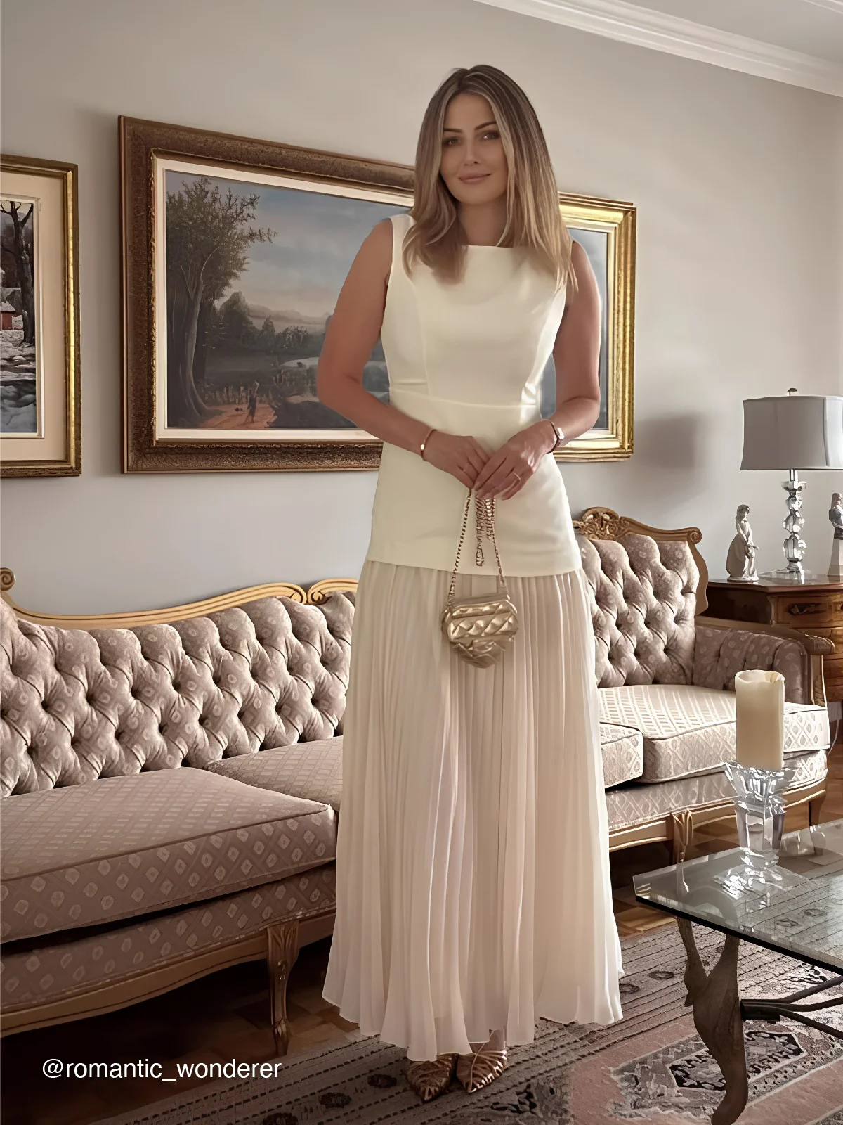 Off White Pleated Classic Boat Neck Sleeveless A-Line Maxi Dress