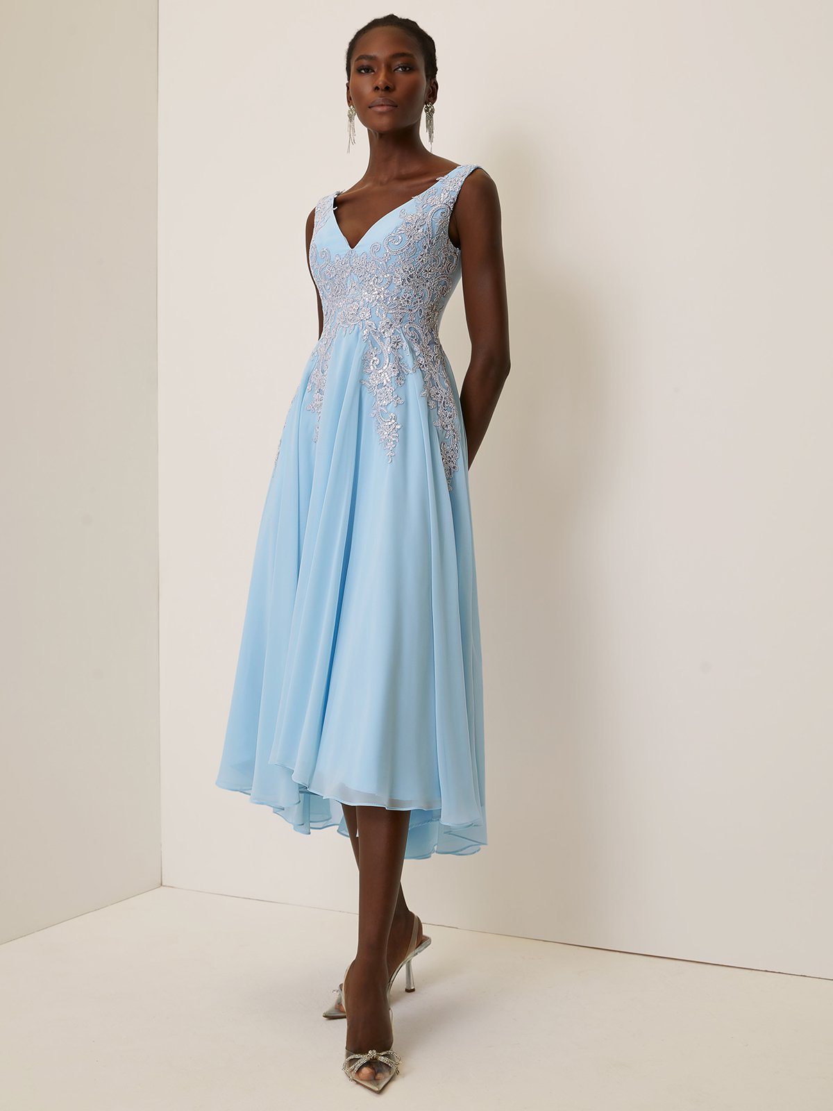 Light Blue Lace Asymmetric Chiffon V Neck Sleeveless A-Line Maxi Dress