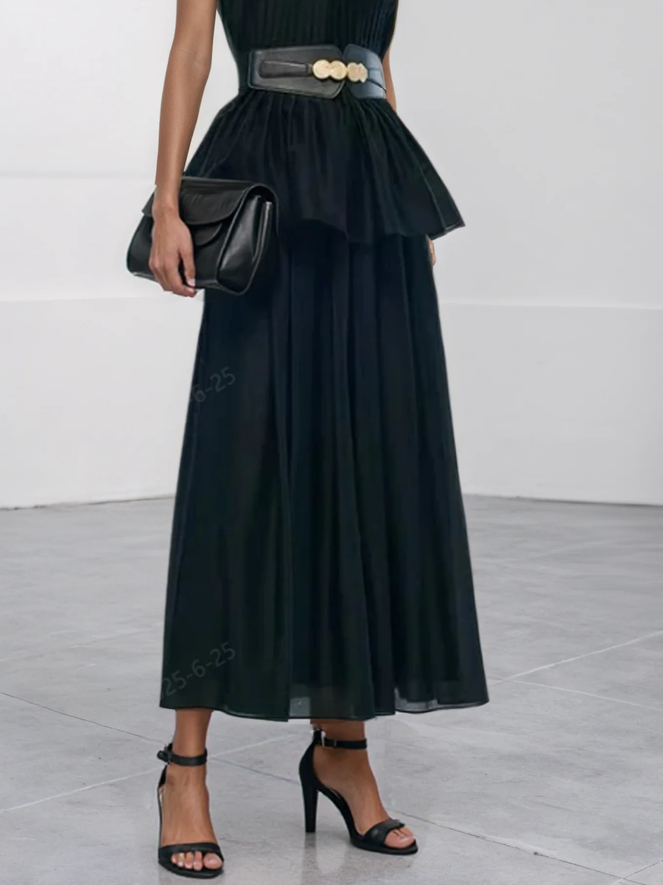 Women Black Pleated Crew Neck Sleeveless Dressy Top With Skirt Two-Piece Set