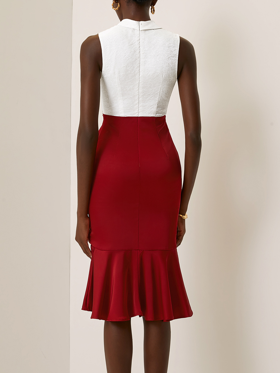 Wine Red Metal Mermaid Skirt Shawl Collar Sleeveless Sheath Midi Dress