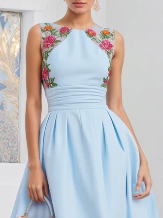 Light Blue Lace Ruched Classic Crew Neck Sleeveless A-Line Midi Dress