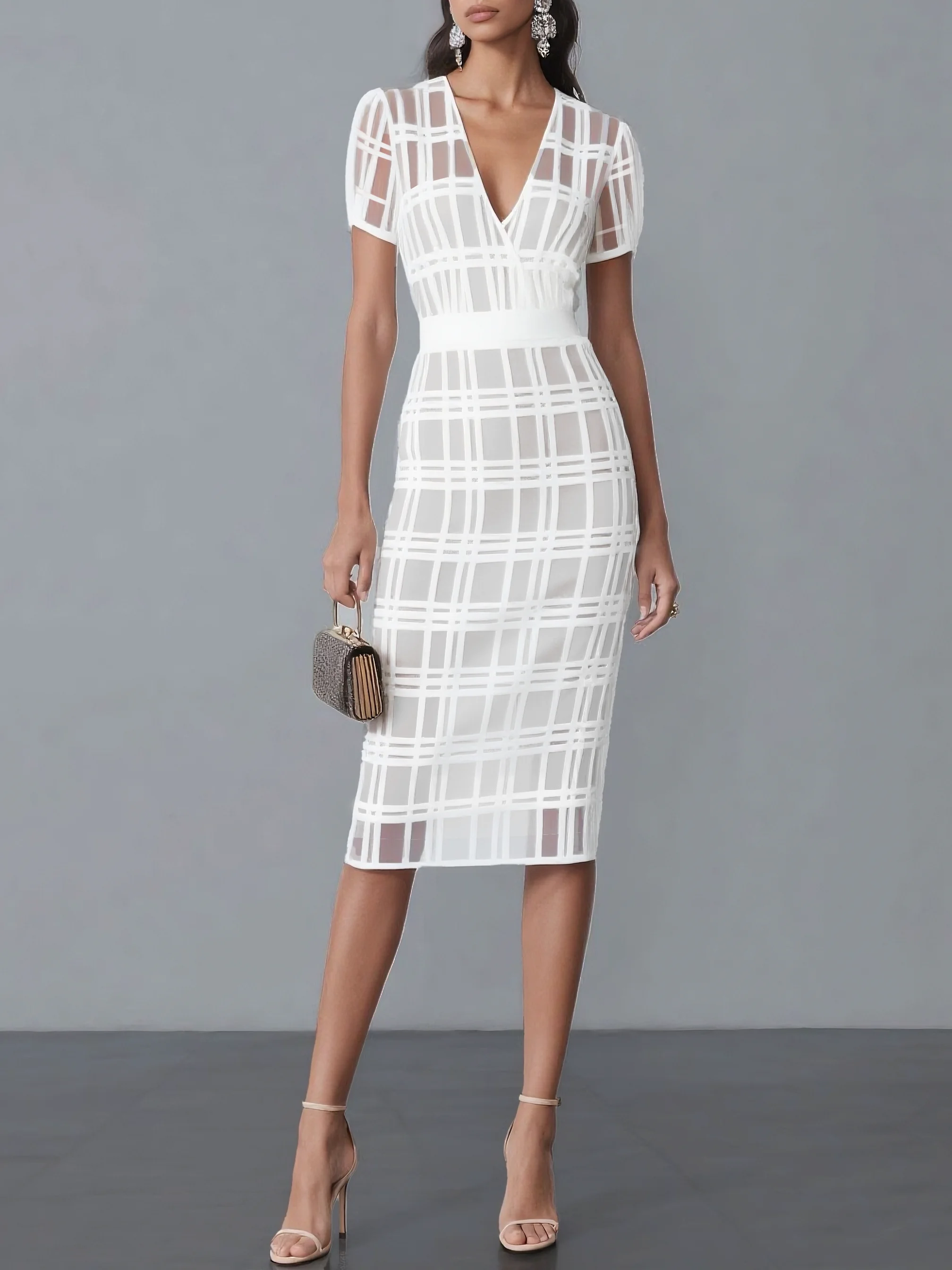 Black Mesh Plaid Classic V Neck Short Sleeve Sheath Midi Dress