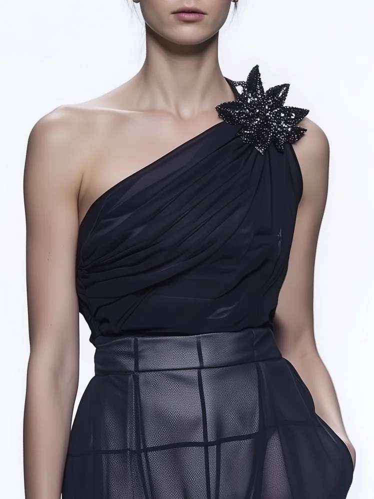 Women Black Split Joint 3D Floral One Shoulder Long Sleeve Regular Sleeve Dressy Jumpsuit