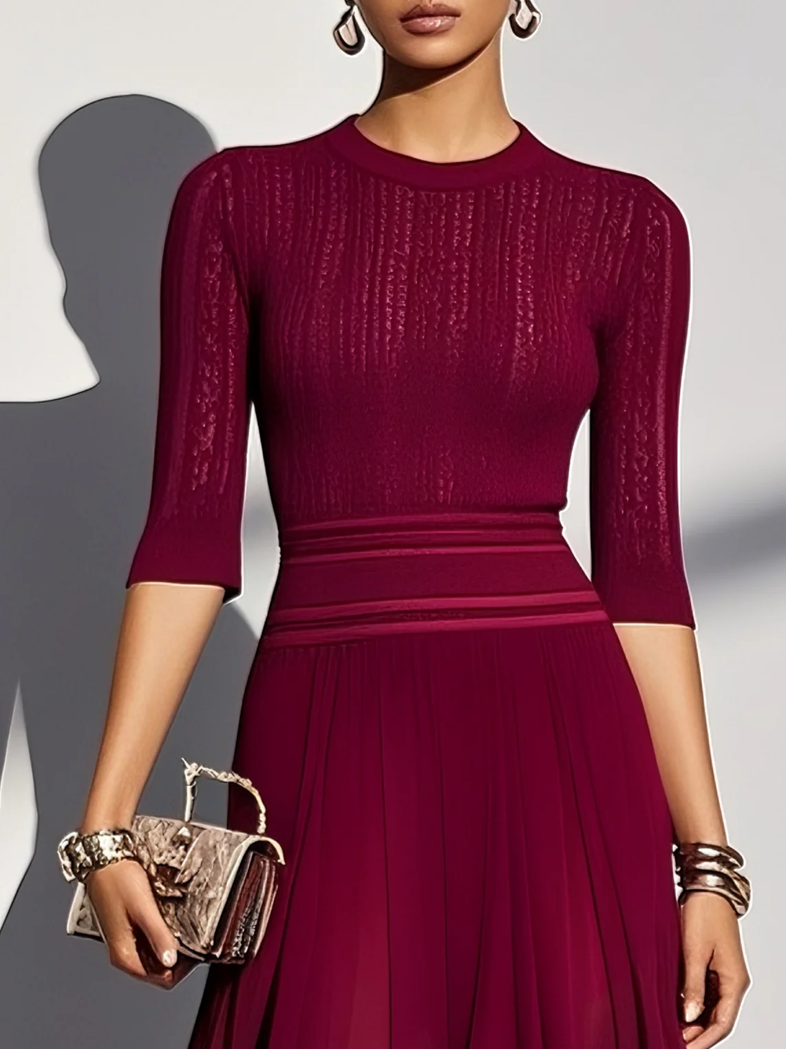 Wine Red Sweater Crew Neck Half Sleeve A-Line Midi Dress
