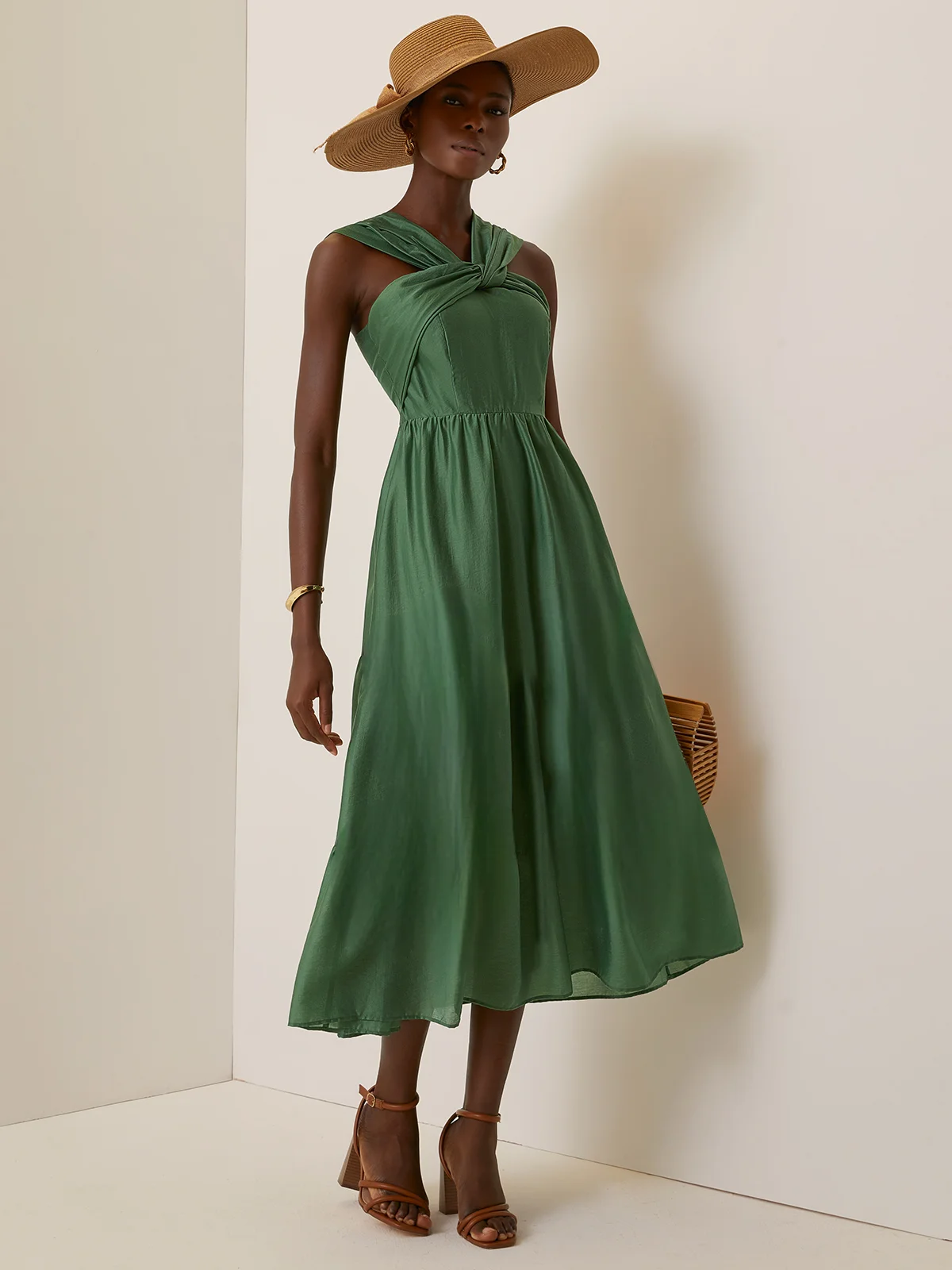 Green Lace Beaded Spaghetti Sleeveless A-Line Midi Dress