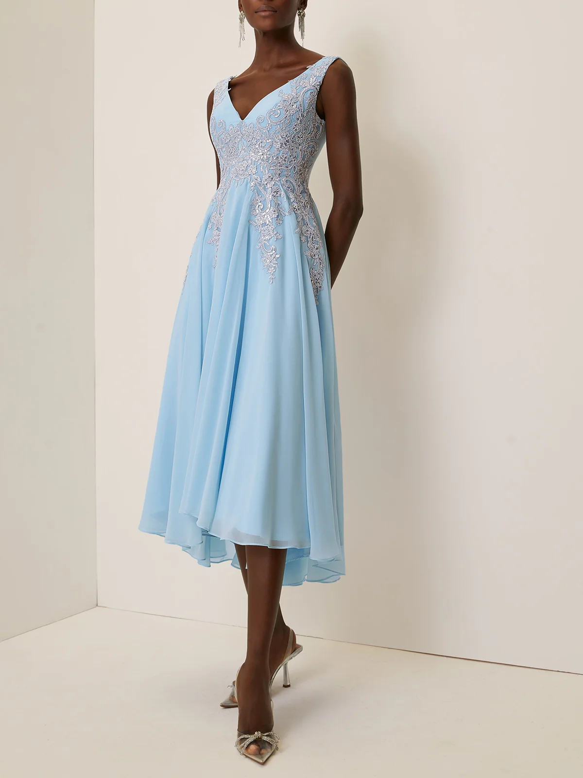 Light Blue Lace Asymmetric Chiffon V Neck Sleeveless A-Line Maxi Dress